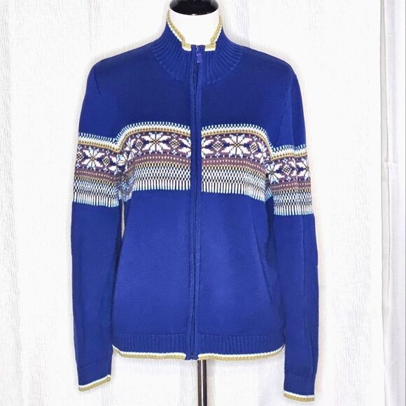 Calvin Klein Jeans Vintage Full Zip Front Royal Blue Fair Isle Knit Sweater - Picture 2 of 12
